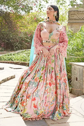 Blush Pink Embroidered Silk Blend Lehenga Set