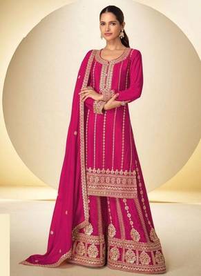 Pink embroidered chinon free size stitched palazzo style salwar suit 1