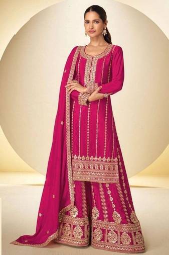 Pink embroidered chinon free size stitched palazzo style salwar suit