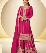 Pink embroidered chinon free size stitched palazzo style salwar suit
