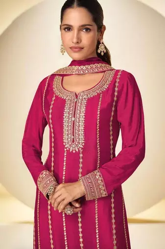 Pink embroidered chinon free size stitched palazzo style salwar suit