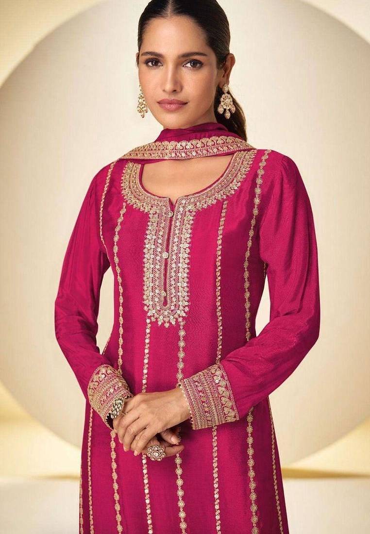 Pink embroidered chinon free size stitched palazzo style salwar suit