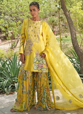 Yellow embroidered silk blend sharara set 1