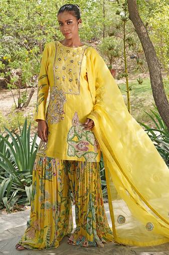Yellow embroidered silk blend sharara set