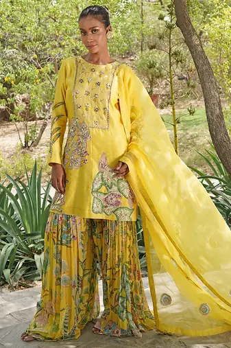Yellow embroidered silk blend sharara set