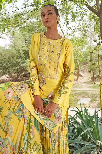 Yellow embroidered silk blend sharara set