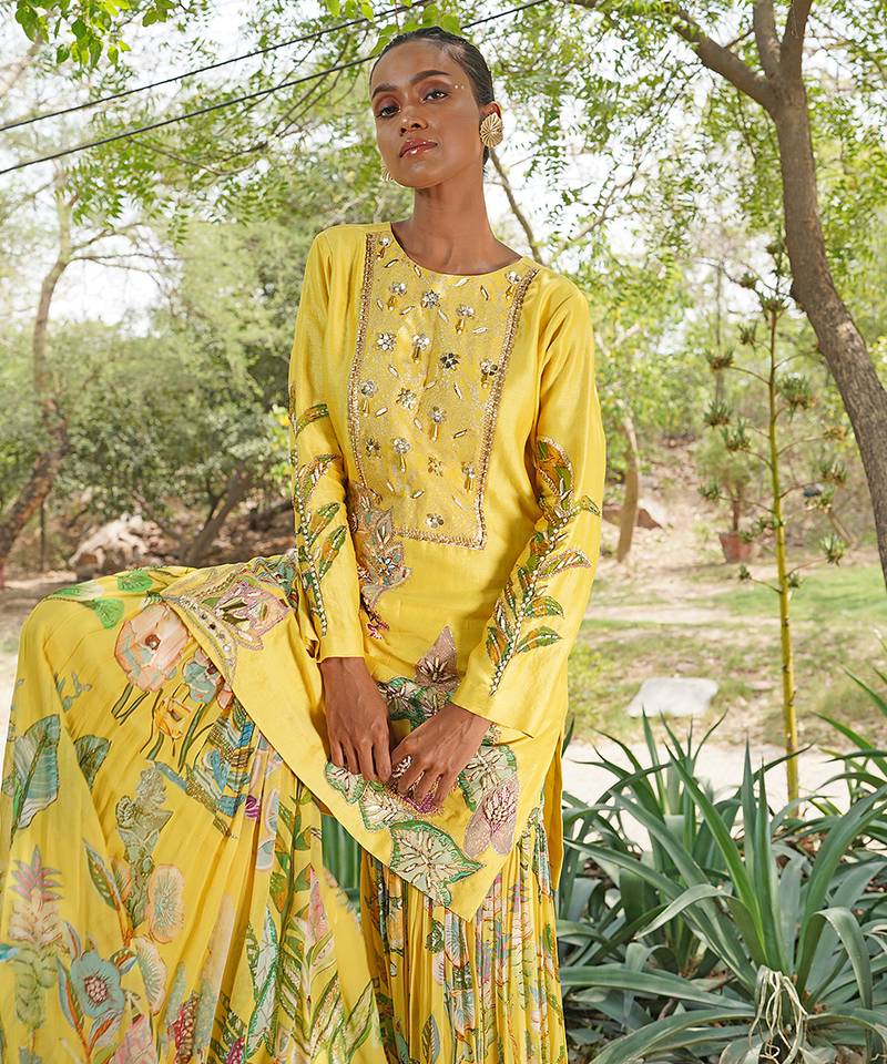 Yellow embroidered silk blend sharara set