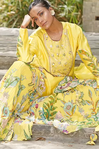 Yellow embroidered silk blend sharara set