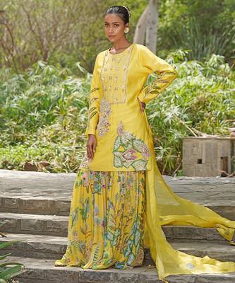 Yellow embroidered silk blend sharara set 4