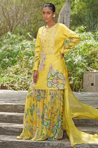 Yellow embroidered silk blend sharara set