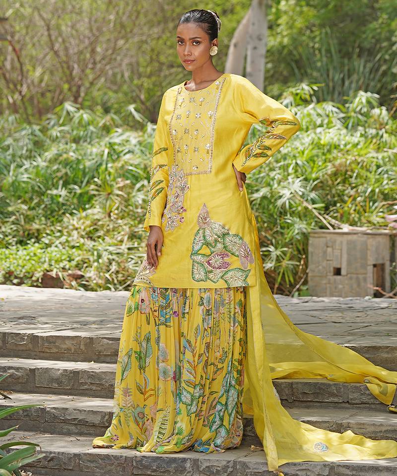 Yellow embroidered silk blend sharara set
