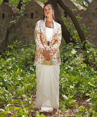 Ivory embroidered raw silk jacket skirt set 1