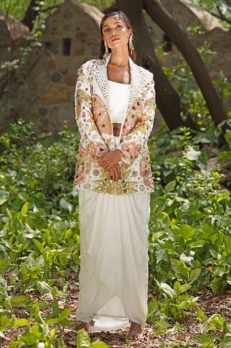Ivory embroidered raw silk jacket skirt set
