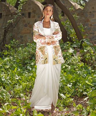 Ivory embroidered raw silk jacket skirt set 2