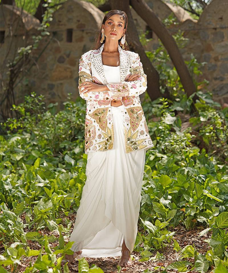 Ivory embroidered raw silk jacket skirt set