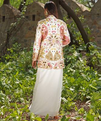 Ivory embroidered raw silk jacket skirt set 3