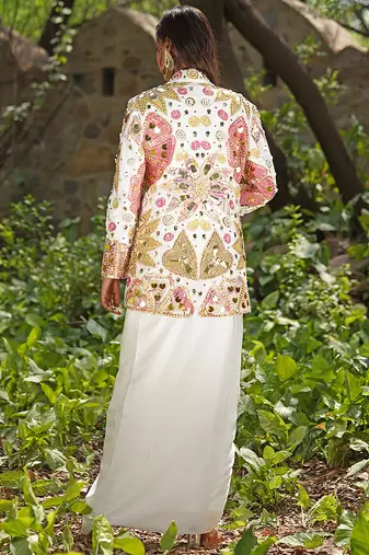 Ivory embroidered raw silk jacket skirt set