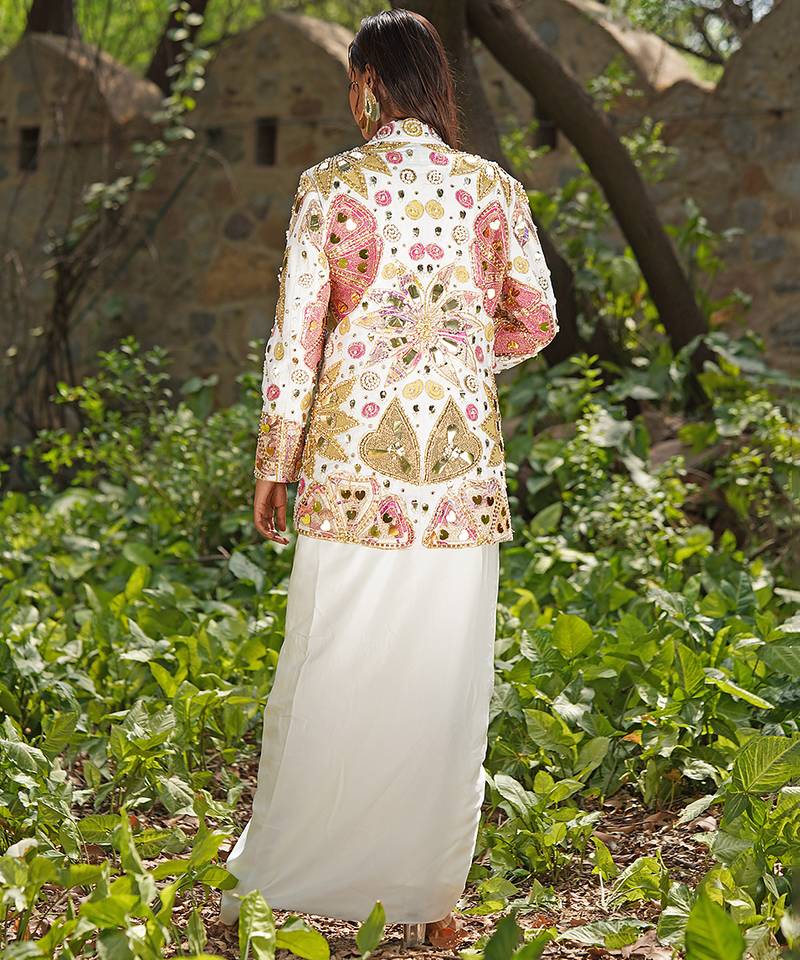 Ivory embroidered raw silk jacket skirt set