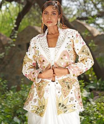 Ivory embroidered raw silk jacket skirt set 4