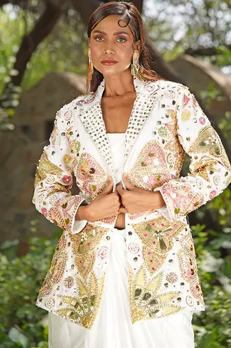 Ivory embroidered raw silk jacket skirt set