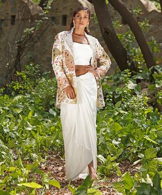 Ivory embroidered raw silk jacket skirt set 5