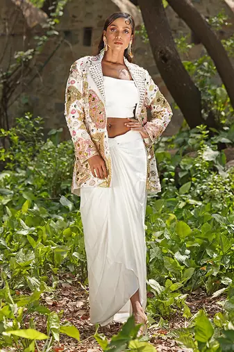 Ivory embroidered raw silk jacket skirt set