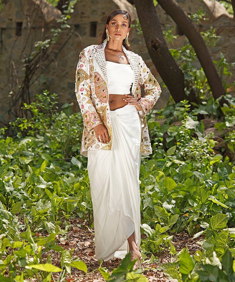 Ivory embroidered raw silk jacket skirt set