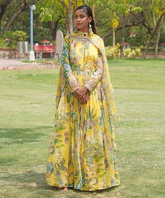 Yellow printed organza anarkali set 1
