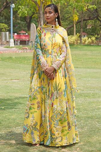 Yellow printed organza anarkali set