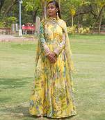 Yellow printed organza anarkali set