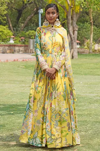 Yellow printed organza anarkali set