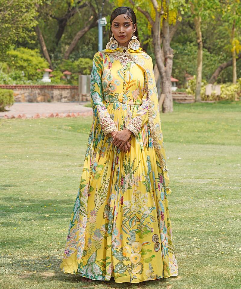 Yellow printed organza anarkali set