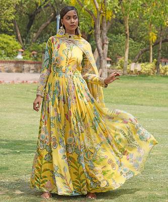 Yellow printed organza anarkali set 3