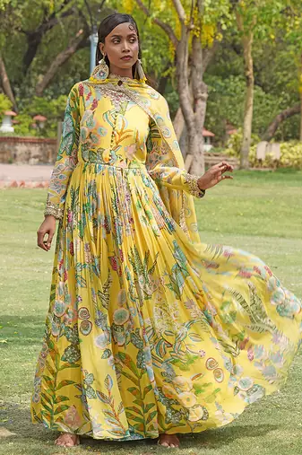 Yellow printed organza anarkali set