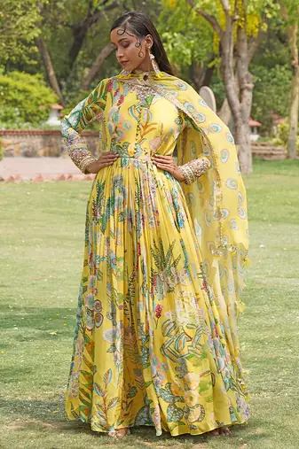 Yellow printed organza anarkali set