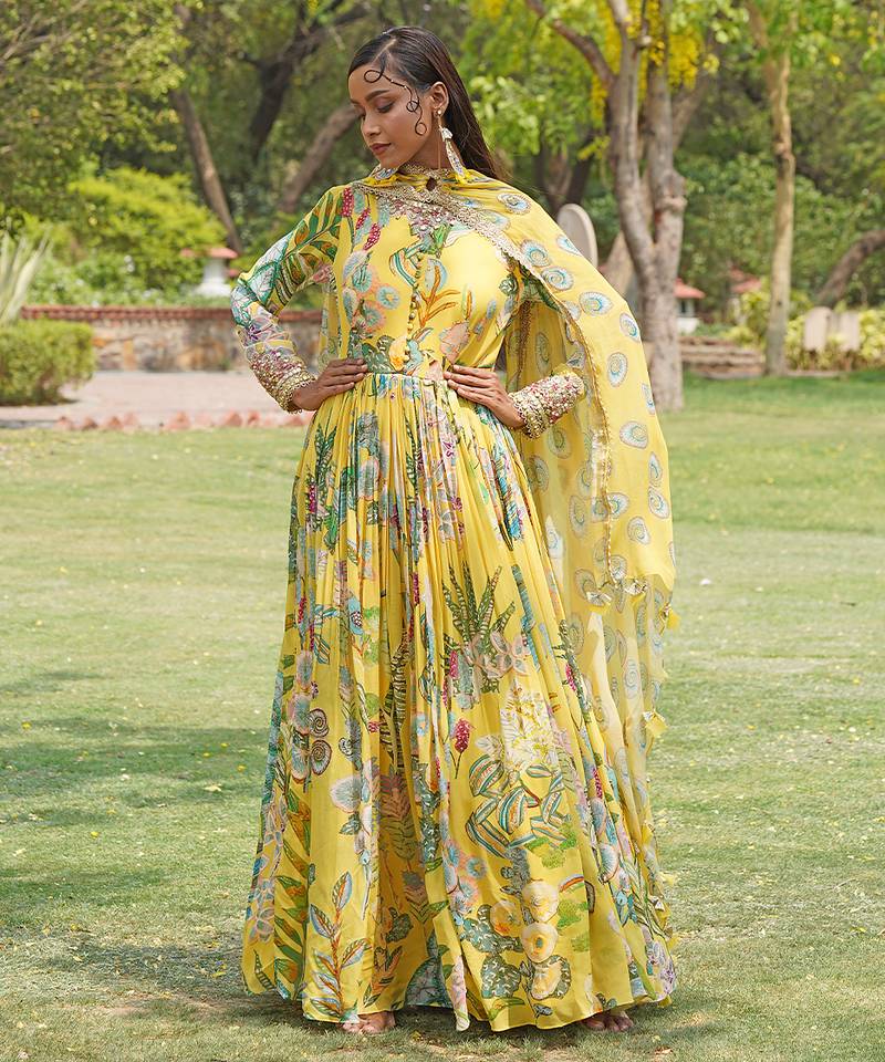 Yellow printed organza anarkali set