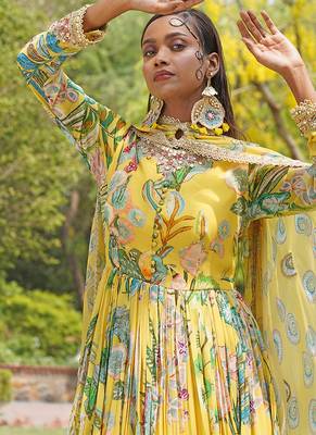 Yellow printed organza anarkali set 5
