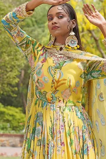 Yellow printed organza anarkali set