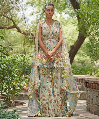 Sage green embroidered georgette sharara set 1