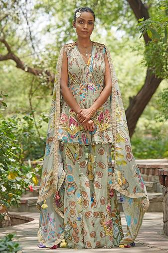 Sage green embroidered georgette sharara set
