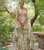 Sage green embroidered georgette sharara set