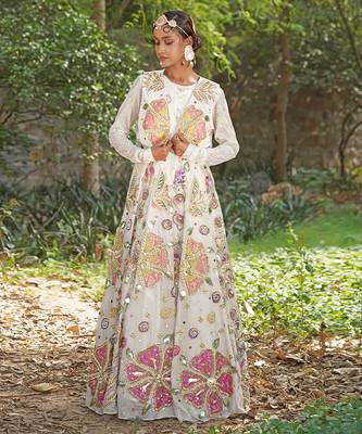 Off white embroidered silk blend indo western Jacket Gown 1