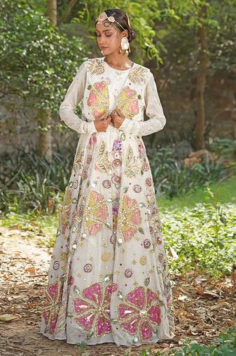Off white embroidered silk blend indo western Jacket Gown