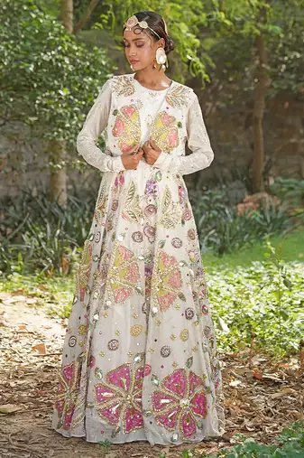 Off white embroidered silk blend indo western Jacket Gown