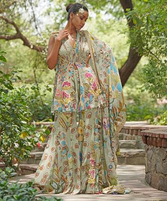Sage green embroidered georgette sharara set 3