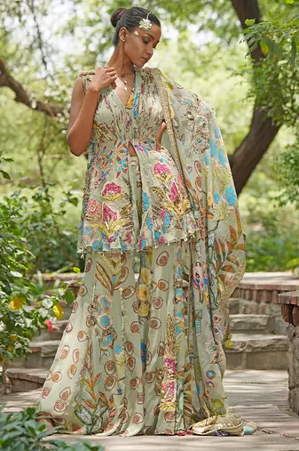 Sage green embroidered georgette sharara set