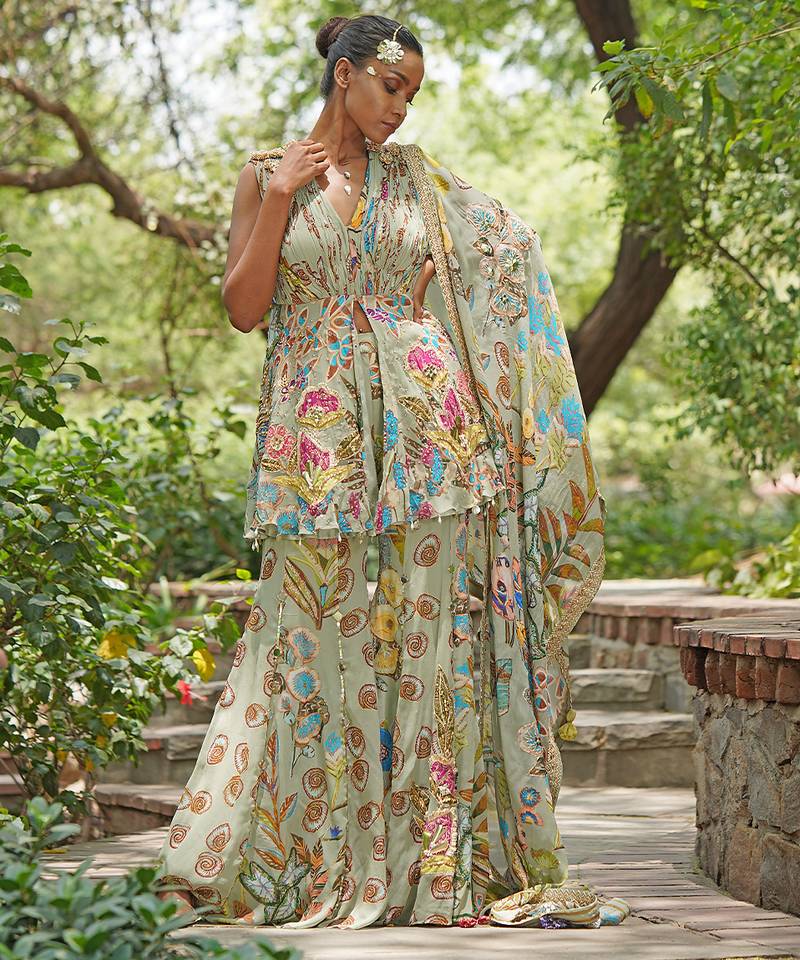 Sage green embroidered georgette sharara set