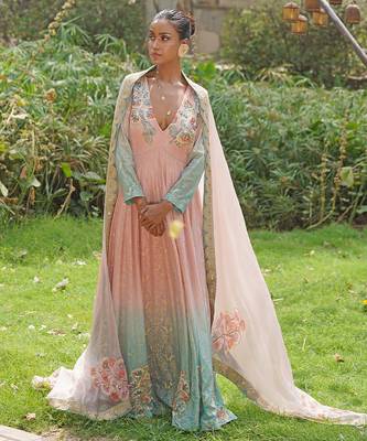 Blush pink embroidered georgette indo western gown 1