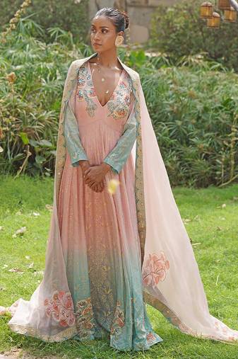 Blush pink embroidered georgette indo western gown