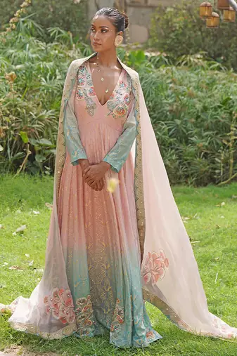 Blush pink embroidered georgette indo western gown